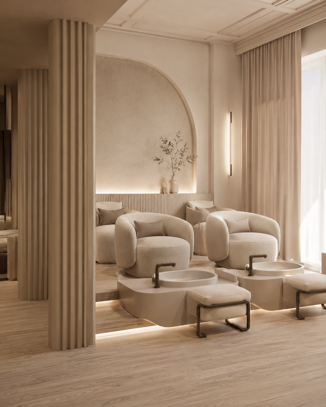 Pedicure suite with soft lighting